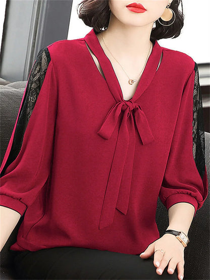 Spring Summer Style Blouses Tops Lady Bow Tie Colloar Half Lace Sleeve Loose Blusas Tops Df4275
