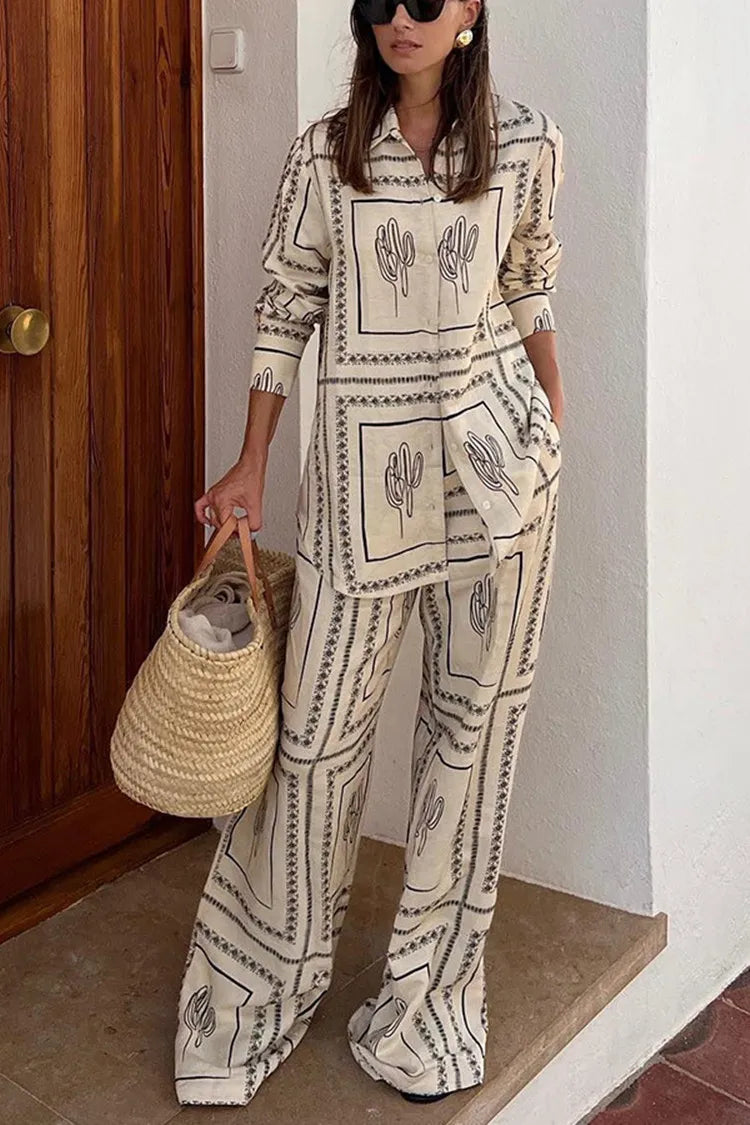 Printed Shirts Two Piece Set Long Sleeve Lapel Shirts High Waist Wide Leg Pants Suit for Home Wear Outfits Clothing