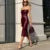 Burgundy Pu Leather Maxi Dresses Strapless Backless Bandage Sleeveless Pleated Hip Package Party Dress New Split Robe