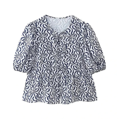 Summer Woman Bow Tied Lace Up Shirts Puff Short Sleeves Blouse Oneck Ruffle Color Tops