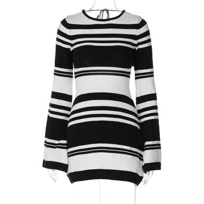Knitted Backless Dress for Autumn Slim Color Block Mini Dresses Holiday Lace Up High Waist Dress Woman
