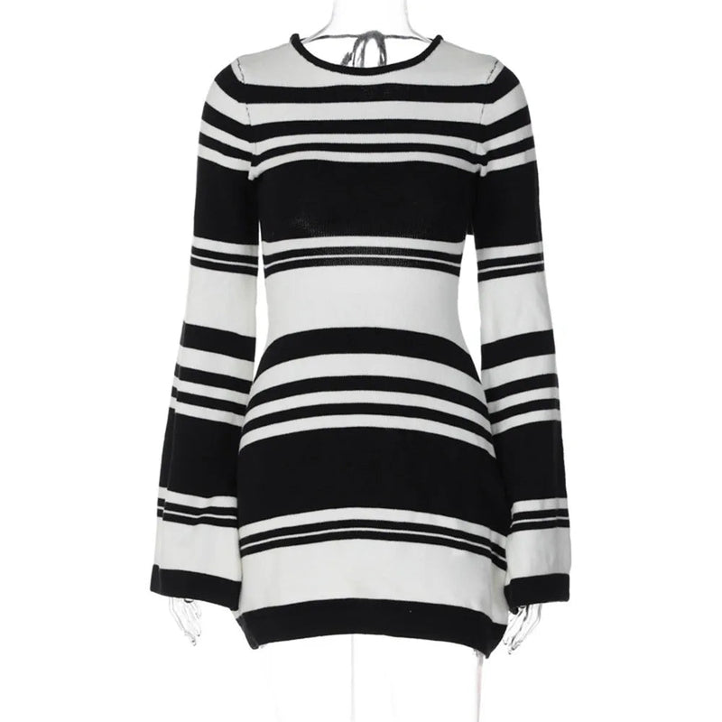 Knitted Backless Dress for Autumn Slim Color Block Mini Dresses Holiday Lace Up High Waist Dress Woman