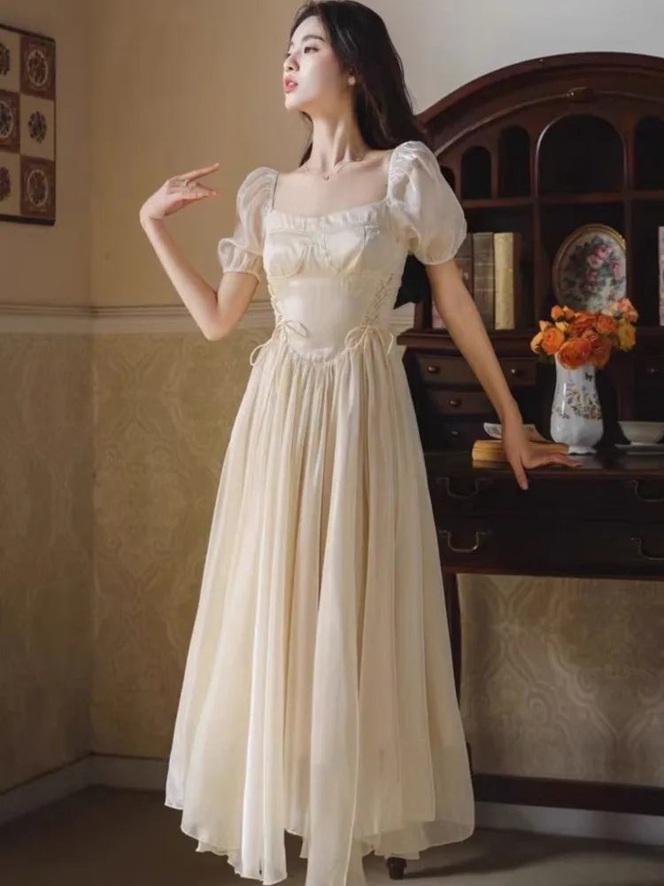 French Bubble Sleeves Dresses Summer Square Collar Evening Party Prom Sweet Chiffon Long Dress
