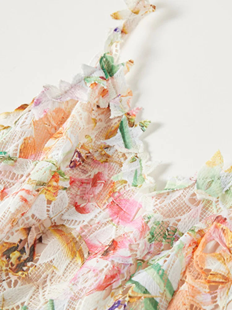 Long Dress Hotsweet Print Slash Collar 3d Flower Hollowed Out Camisole Dresses Spring Summer 959