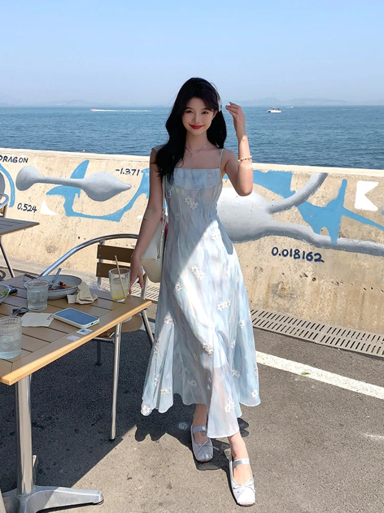 Summer Blue Chiffon Midi Dress Beach Embroidery One Piece Dress Korean Evening Party