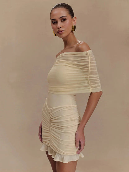 Strapless Mesh Ruffled Backless Mini Dress