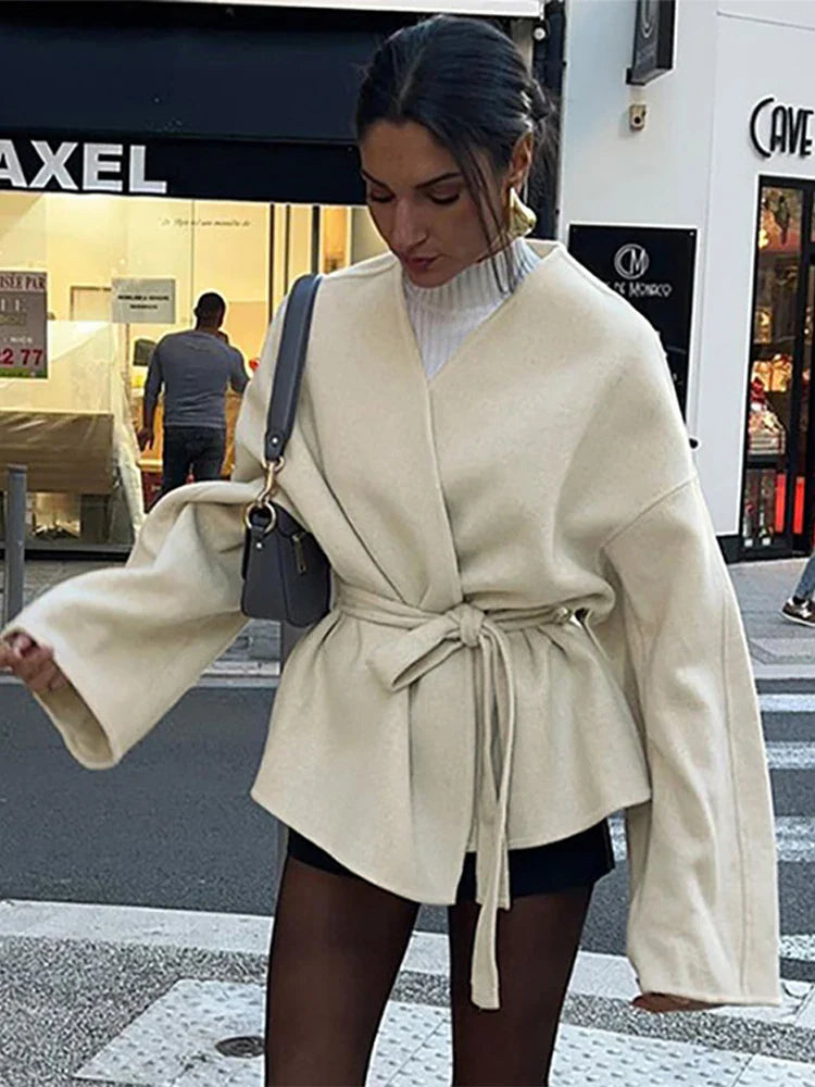 Lace Up Coat for V-neck Long Sleeve Slim Jacket Cardigan Autumn Winter Lady Outwear New in Coats