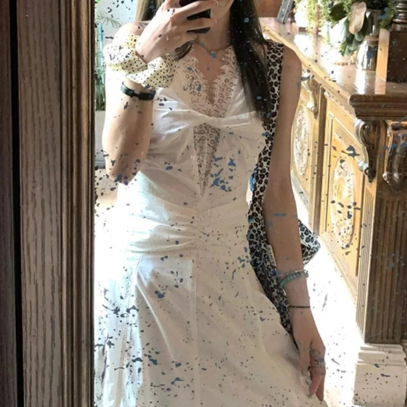 Y2k White Long Dresses Lace Patchwork Spring Summer Dress V Neck Korean Vestidos Mujer