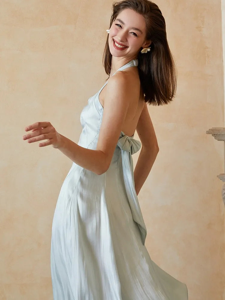 Summer Dress Halter Stain Slim Female Backless Party Clothing French Style Lady Aline Vestidos Midi Dresses