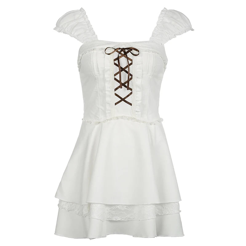 Y2k Contrast Bandage Bow Aline Mini Dress for Holiday Party Coquette Aesthetic Short Sleeve Tiered Dresses Sweet Robe