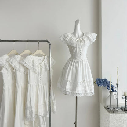 Sweet White Lace Dress Evening Party Turndown Collar Mini Dress French Midi Dress Summer