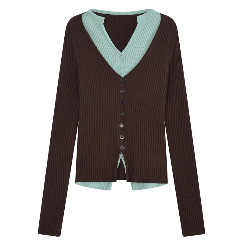Y2k Brown and Mint Green Fake Two Pieces Knitwear Slim Button Up Cardigan Autumn Winter Ribbed Sweater Korean