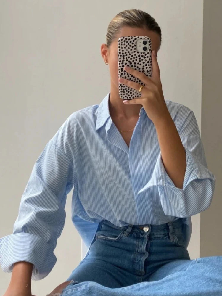 Autumn Striped Blouses for Basic Turndown Collar Long Sleeve Shirt Female Blouses