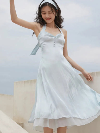 Summer Dress Halter Stain Slim Female Backless Party Clothing French Style Lady Aline Vestidos Midi Dresses