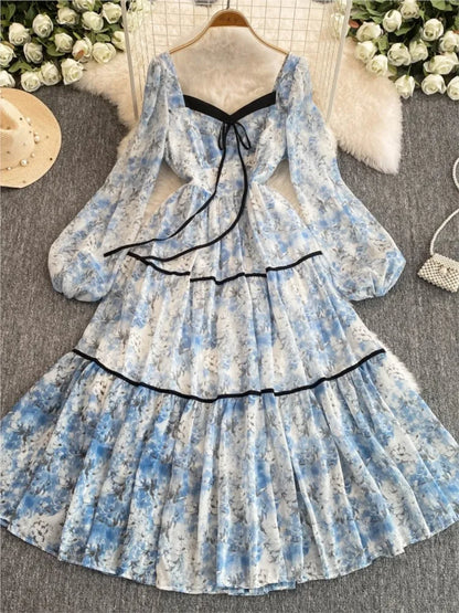 Printed Midi Dresses for Lantern Sleeves Square Collar A-line Birthday Party Dress Autumn New Prom Robe