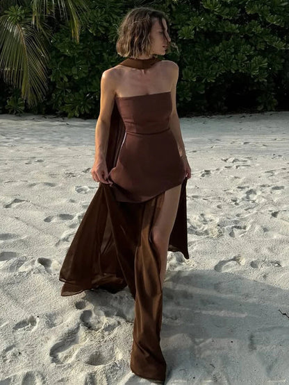 Strapless Ribbon Mesh Beach Midi Dress