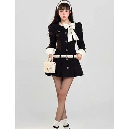 Sweet Bow Socialite Long Sleeve Black Dress for Autumn New Highend Waist Cinching Slimming Aline Pleated Mini Dress