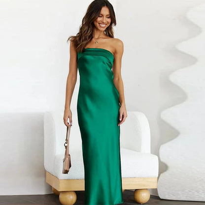Kylethomasw Backless Strapless Dress Sleeveless Green Satin Party Dresses Summer Robes High Waist Long Dress