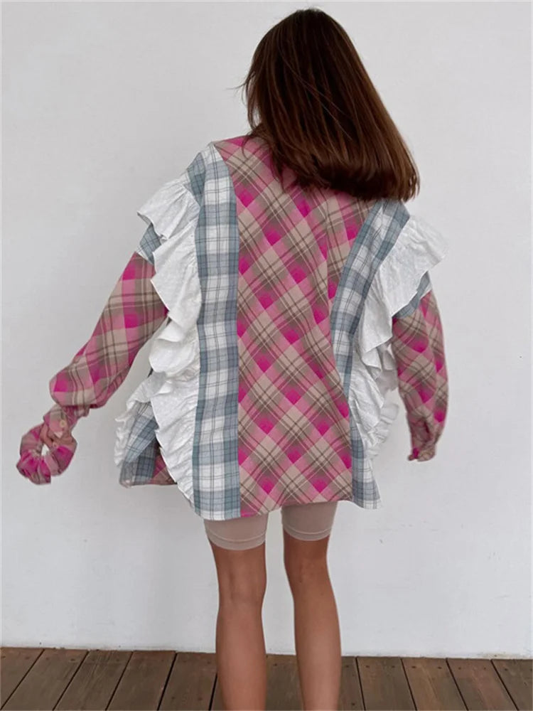 Ruffled Patchwork Shirts ’s Long Sleeve Lapel Cardigan Striped Contrast Clothes for Summer Shirts Coat