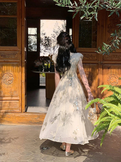 French Vneck Midi Dress Female Even Party Clothing Summer Retro One Piece Dress Korean 2000s Y2k