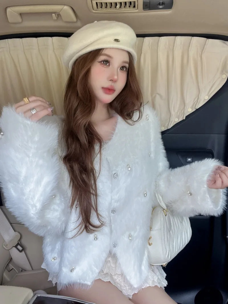 Sweet Hot Girl Mink Fur Knitted Cardigan Autumn and Winter Loose Oneck Longsleeved Short Top Female Clothes