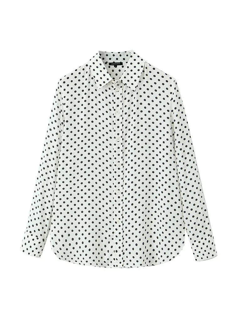 Woman Singlebreasted Lapel Blouse Long Sleeves Shirt Tops Office Lady Dot Print Loose Shirt