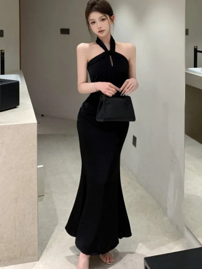 Bodycon Satin Evening Party Dress Sleeveless Halter Slim Mermaid Summer New Midi Dresses for Prom Vestidos Mujer