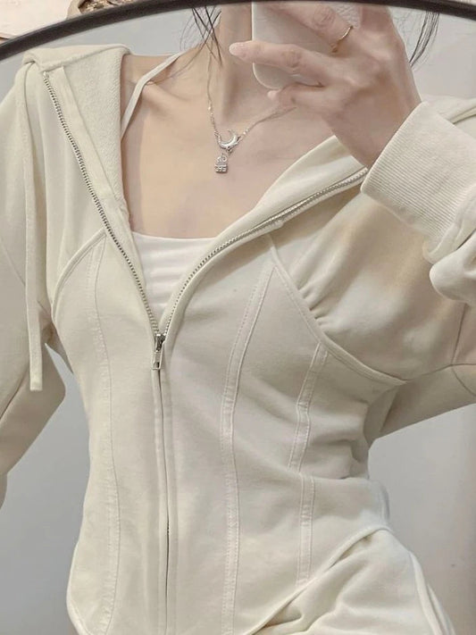 Deeptown Y2k Hip Hop Zip Up Hoodies Grunge Slim Long Sleeve Sweatshirts Allmatch Cropped Tops Sportwear