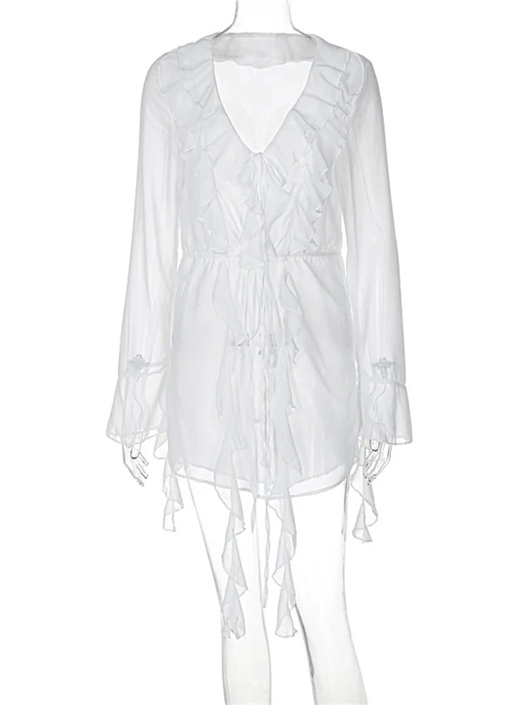 White Ruffled Mini Dress Lace-up See-through Long Sleeve V-neck Party Dress Female Bandage Mini Dress
