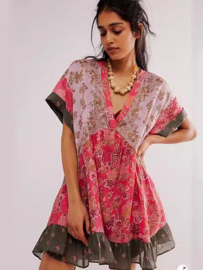 Color Print Mini Dresses Spring Summer New V-neck Short Sleeves Folds Loose Irregular Short Dress Vestidos