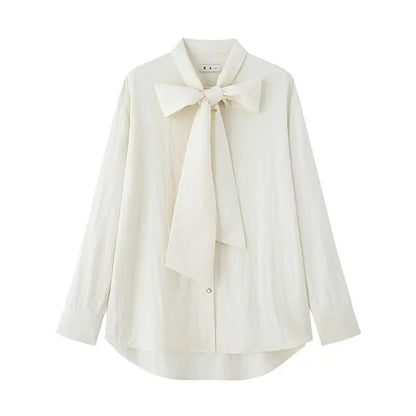 Beige Blouse Bow Tie Long Sleeve Shirt Female Oversized Office Spring Clothes