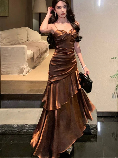 Spaghetti Strap Long Dresses Sleeveless Princess Ruffles Evening Party Dress Summer Holiday Beach Vestidos Robe New