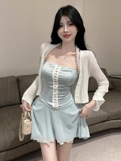 Evening Dress Woman Sleeveless Halter Patchwork Ruffles Sweet Slim Cocktail Mini Dresses Birthday Party