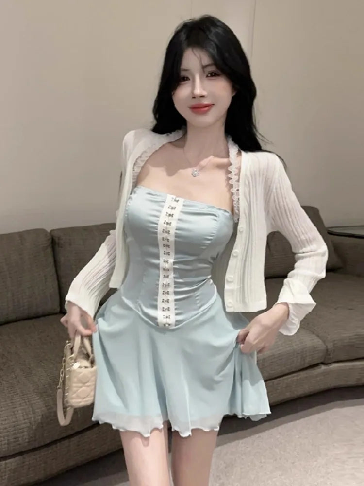 Evening Dress Woman Sleeveless Halter Patchwork Ruffles Sweet Slim Cocktail Mini Dresses Birthday Party