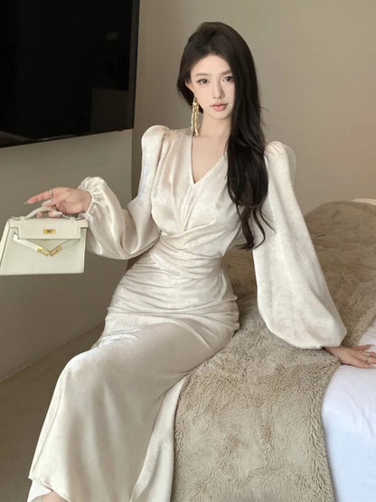 Bodycon Printed Midi Dresses for V-neck Lantern Sleeve Slim Waist Mermaid Evening Party Dress Autumn New Vestidos