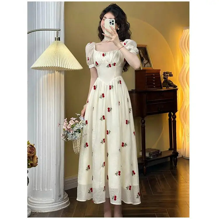 French Beige Cherry Print Evening Party Fairy Dresses Clothing Summer Vacation Short Sleeve Slim Long Dress