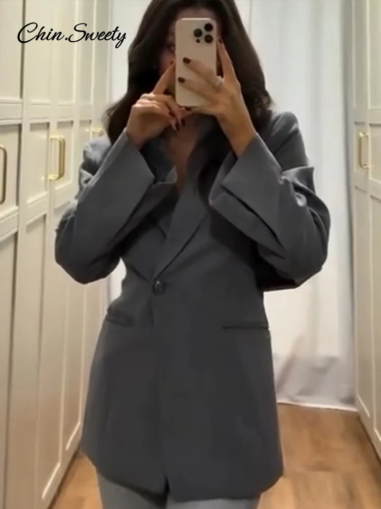 Metal Button Blazer Suit Slim V Neck Long Sleeve Fake Pocket Jacket Autumn Shoulder Pads Office Lady Outwear