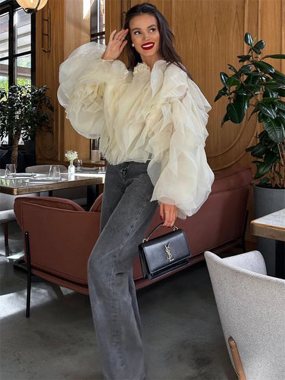 Patchwork Ruffled White Shirts for High Waist Long Sleeve Blouse Top