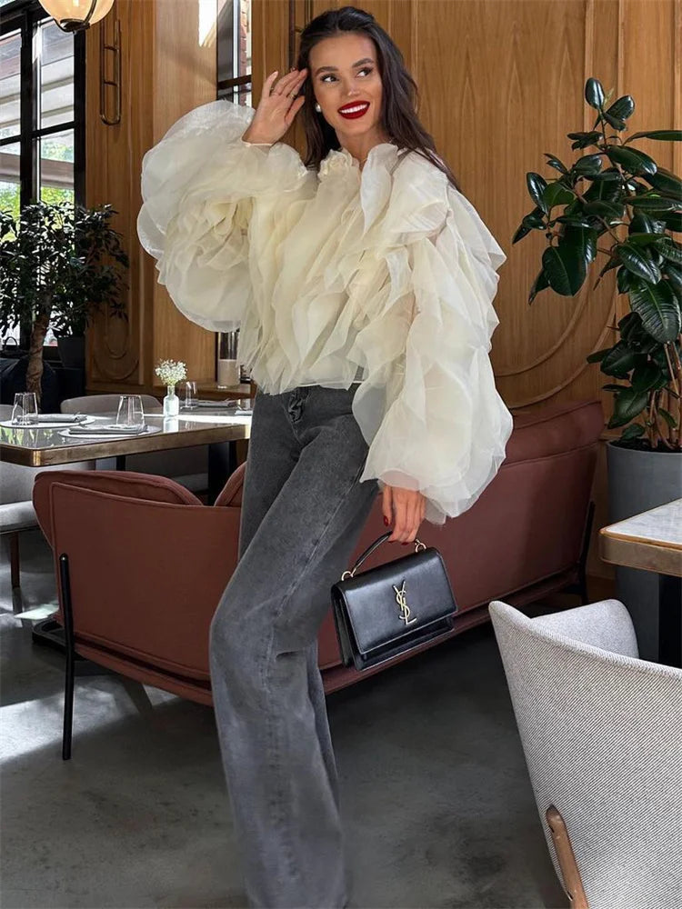 Patchwork Ruffled White Shirts for High Waist Long Sleeve Blouse Top
