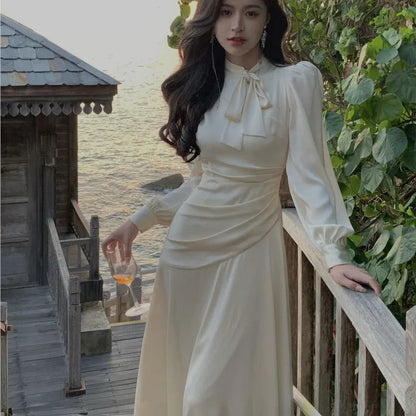 Stain Midi Dresses for Long Sleeve Oneck Bow Tie Aline Korean Vestidos Folded Design Party Prom New