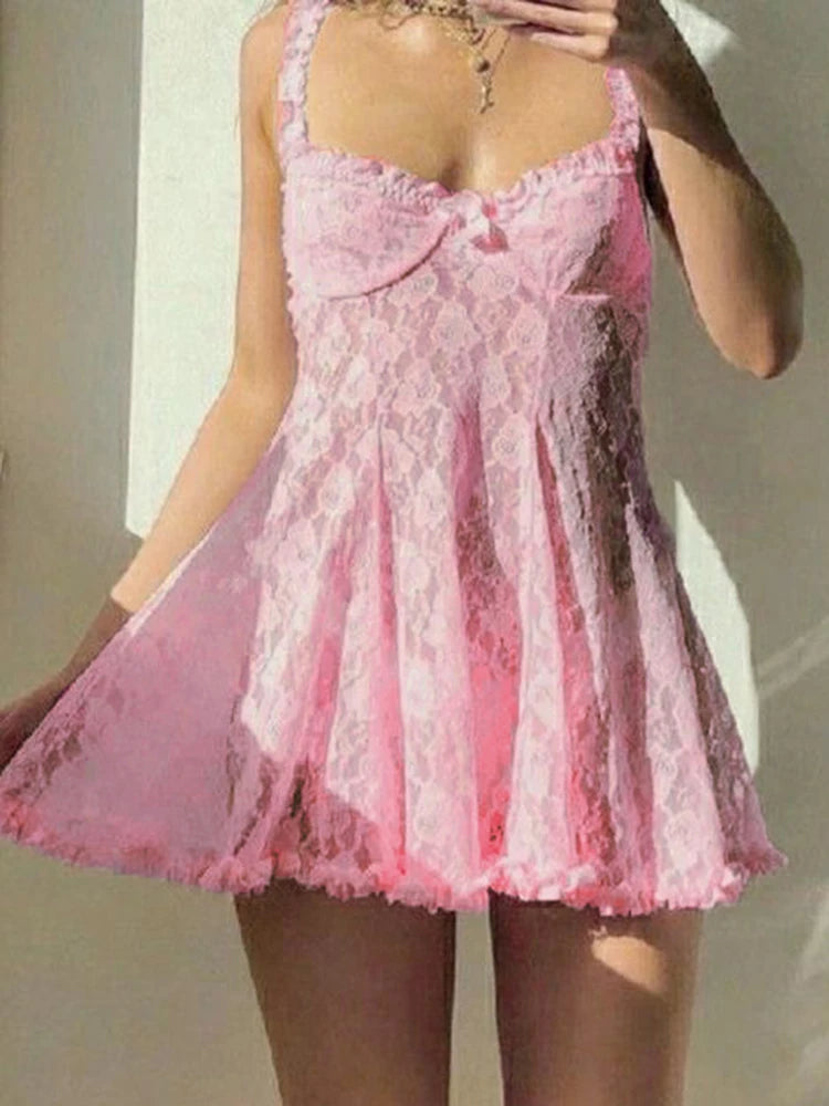 Y2k Aesthetic Lace Dress Pink Sleeveless a Line Lolita Japanese Mini Dresses Beach Party Outfit Kawaii Clothes Hot 90s