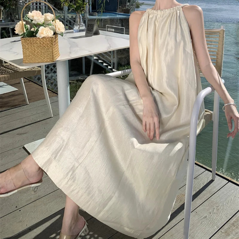 Apricot Hanging Neck Round Neck Sleeveless Pleated Long Dress Summer Temperament Loose Halter Dress