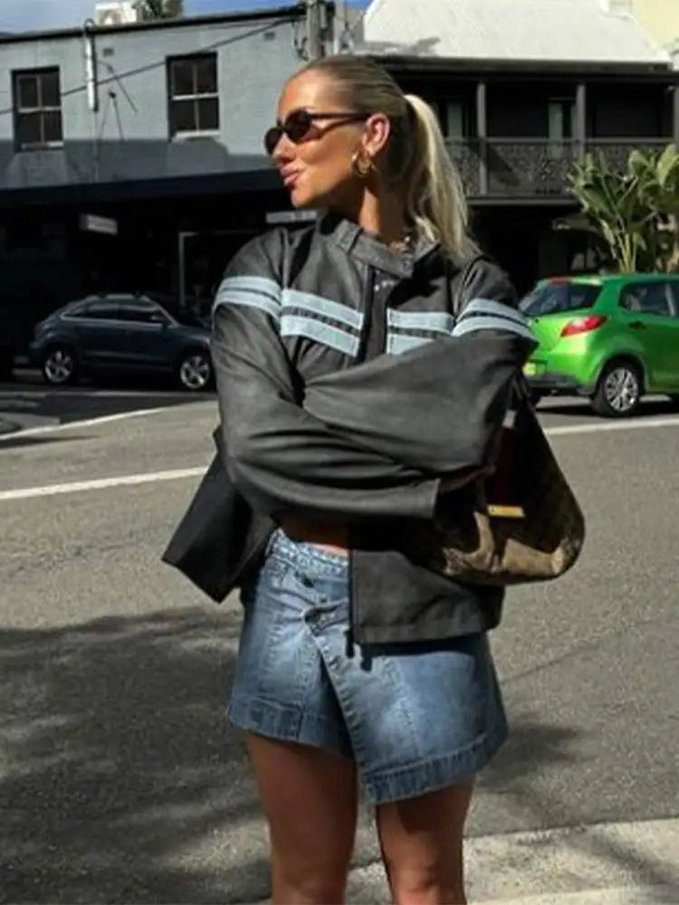 Lapel Zipper With Pockets Jacket Long Sleeves Loose Blue Stripe Coat New Autumn Lady Short Outerwear
