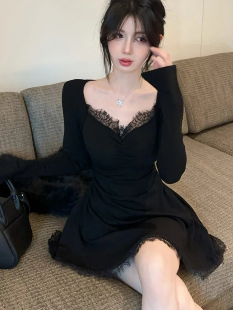 Lace Patchwork Dresses Square Collar Party Mini Dress Autumn Spring Slim Waist Vestidos Female Outfits