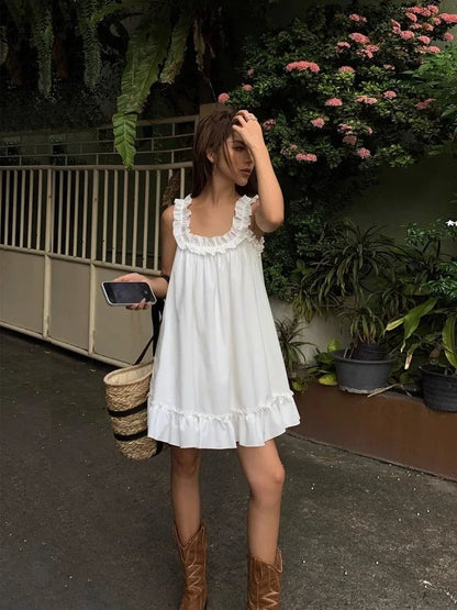 Sleeveless Ruffles Mini Dress White Beach Sundress Girl Home Dresses Loose Summer Dress Oversized