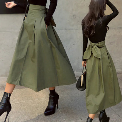 New Autumn Black Skirts Korean Color Big Swing Female Skirt Long Skirt Wild High Waist Bow Slim Skirts