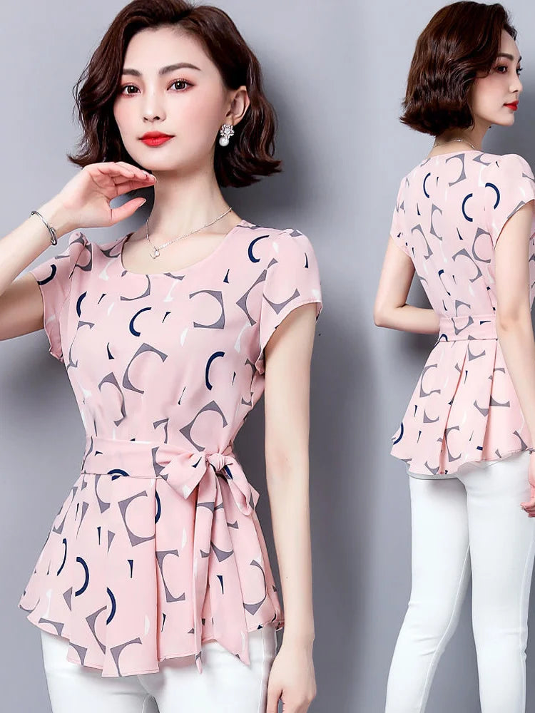 Summer Style Chiffon Blouses Shirts Lady Short Sleeve O-neck Polka Dot Printed Blusas Tops Df2824