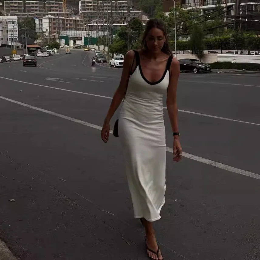 Knit Suspender Split Long Dress New Sleeveless Block Color Beach Vacation Vneck Knitwear Bodycon Dresses