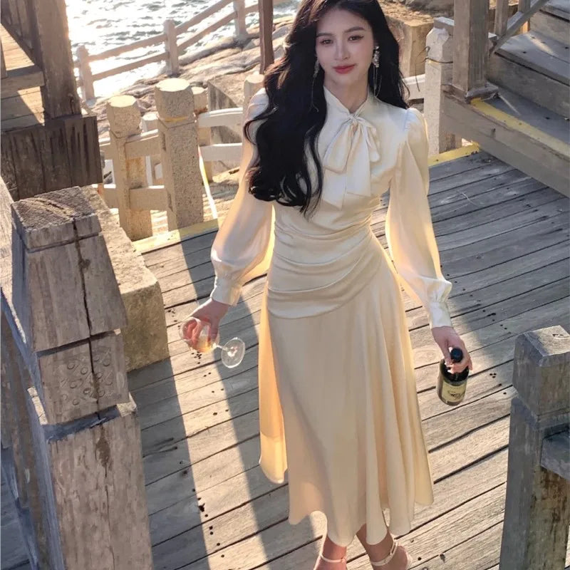 Stain Midi Dresses for Long Sleeve Oneck Bow Tie Aline Korean Vestidos Folded Design Party Prom