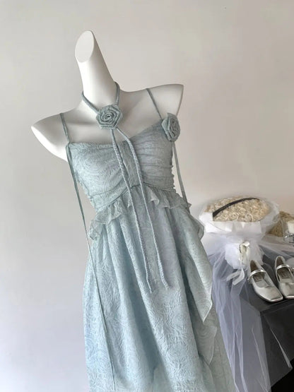 Korean Fairycore Midi Dress for Sweet Spaghetti Strap Halter Ruffles Birthday Party Dresses Summer Holiday Beach Vestidos